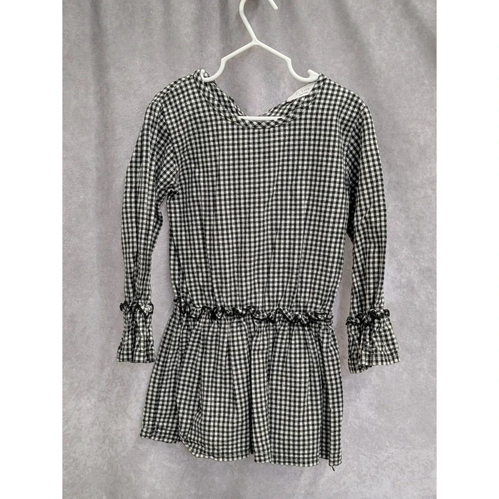 I. Line Girls‎ Gingham Check Ruffle Waist Long Sleeve Dress Black White Size 11